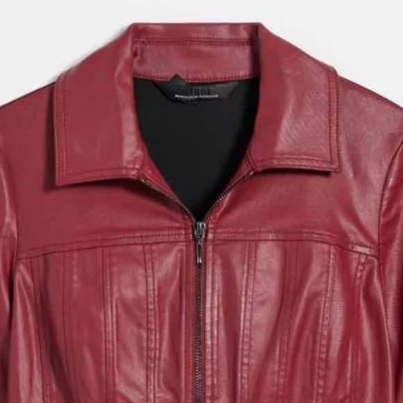 WHBM NWT Cutwork Coated Denim Flirty Jacket Dark Red LEATHER LOOK - Picture 10 of 12